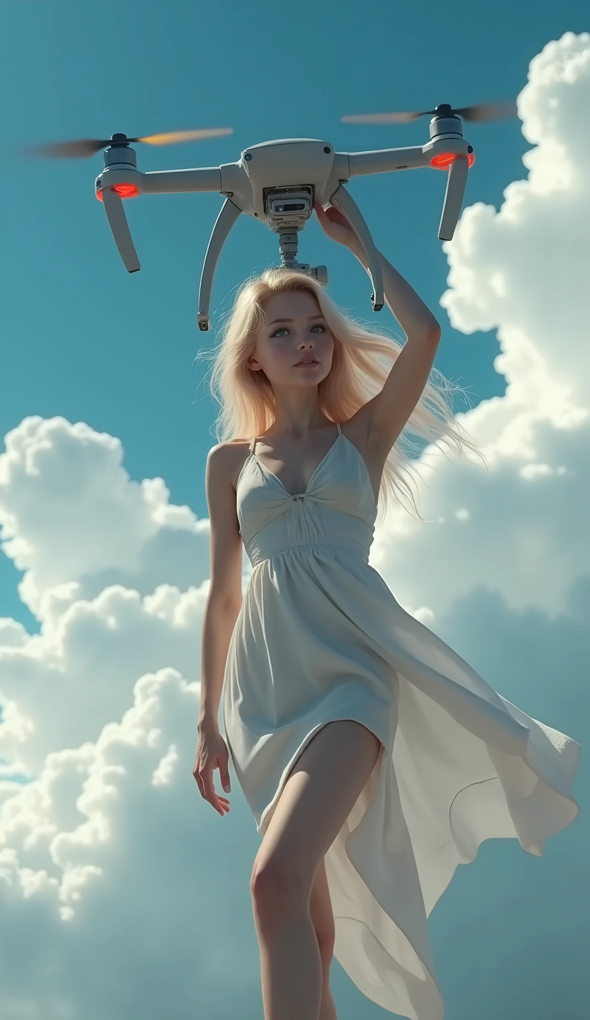 ((RAW photo), absurdres, (absurd resolution)), (masterpiece, best quality), ((Hyperrealism, photorealistic)), (AI fantasy), (masterpiece, Top quality, amazing quality), (Extremely detailed CG unity 8k wallpaper, CGSOation trend), (best illustration), (best shadow), Realistic lighting, beautiful detailed brightness, ((ultra realistic details)), (Beautiful girl, 21 years old, heatz_eat, in the style of cknc, full body), (Realistic pupil, crystal blue eyes), is held up from a drone with elises that flies through the clouds, (from below, photographic perspective). “SunPuma S”
