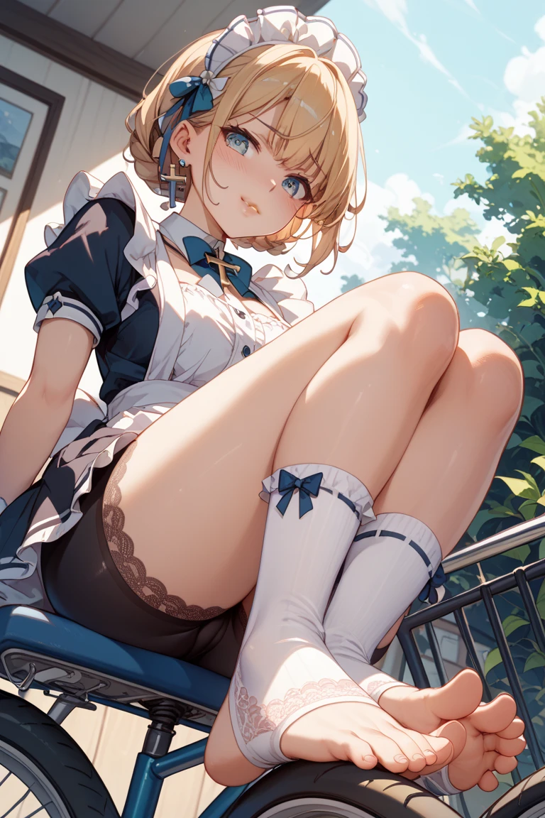 A girl dressed in white silk and high heels in a sailor suit cute and revealing high heels