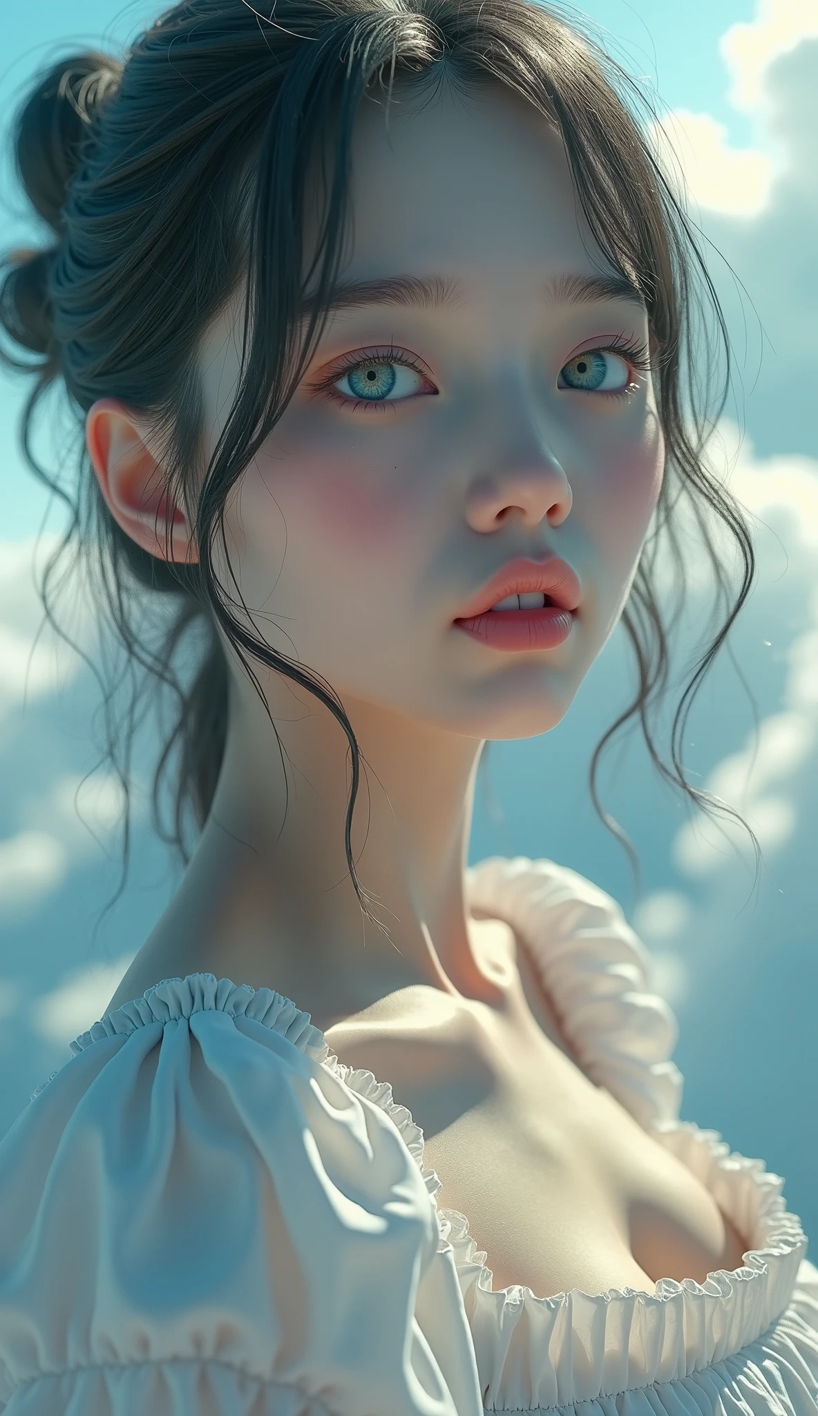 ((RAW photo), absurdres, (absurd resolution)), (masterpiece, best quality), ((Hyperrealism, photorealistic)), (AI fantasy), (masterpiece, Top quality, amazing quality), (Extremely detailed CG unity 8k wallpaper, CGSOation trend), (best illustration), (best shadow), Realistic lighting, beautiful detailed brightness, ((ultra realistic details)), (Beautiful girl,  21 years old, heatz_eat, in the style of cknc, full body), (Realistic pupil, crystal blue eyes), is held up from a drone with elises that flies through the clouds, (from below, photographic perspective).  “SunPuma S” 