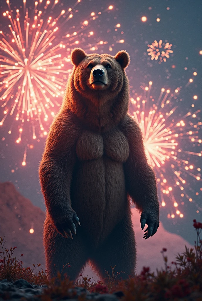 (a bear,a bull) market trends,promoting market trends,fireworks,celebrating New Year(best quality,4k,8k,highres,masterpiece:1.2),ultra-detailed,(realistic,photorealistic,photo-realistic:1.37),illustration,fireworks display,dynamic,colorful,bright lights,exciting(portraits,concept artists),festive colors,sparkling lights