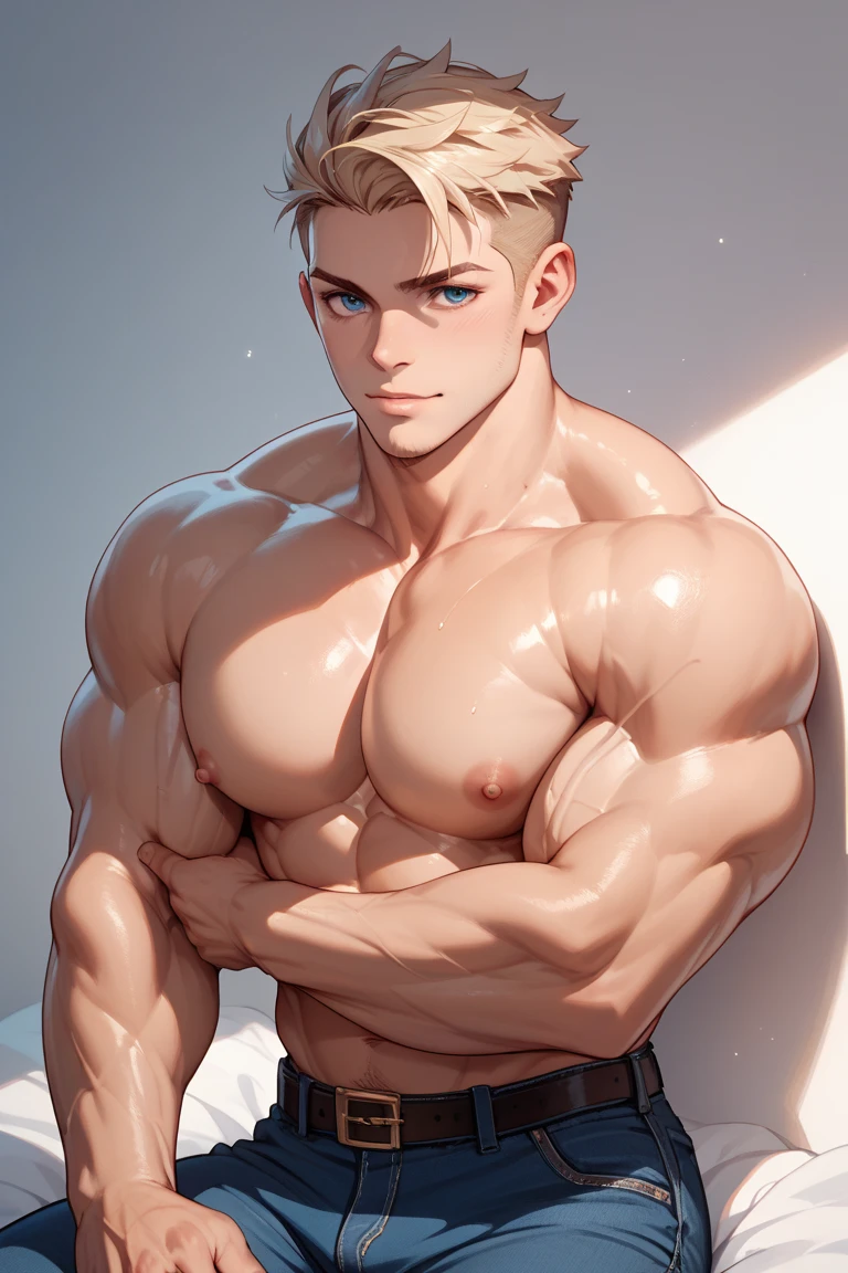 ((the best quality)), ((Masterpiece)), (details), perfect face, high definition, Masterpiece,4k,details clearly, Handsome face, white skin, perfect body, male body, strong muscles, abdomen, blue eyes, white skin, The most handsome man in the world, handsome, The coolest face, Male characters, close image (1man, shirtless), young man, mischievous smile, Extremely muscular tall man, open your eyes ((detailed eyes)), huge, muscular body and Massive, bulging pecs, muscular abs, narrow waist, short hair, blue eyes, delicate big eyes, carefree expression, clear face, handsome (detailed face, perfect face) ((extremely realistic shadows, bodybuilding posture, human, ((22-year-old young man)), V shape, athletic pants, athletic, Shirtless, Sunlight, Street, lower pants, topless, close up look, CG sense, Textured skin, the best quality, Storytelling images, lower your pants, show Panty line, Show your abs, show arm muscle, white hair, shining blue eyes, eyes contact