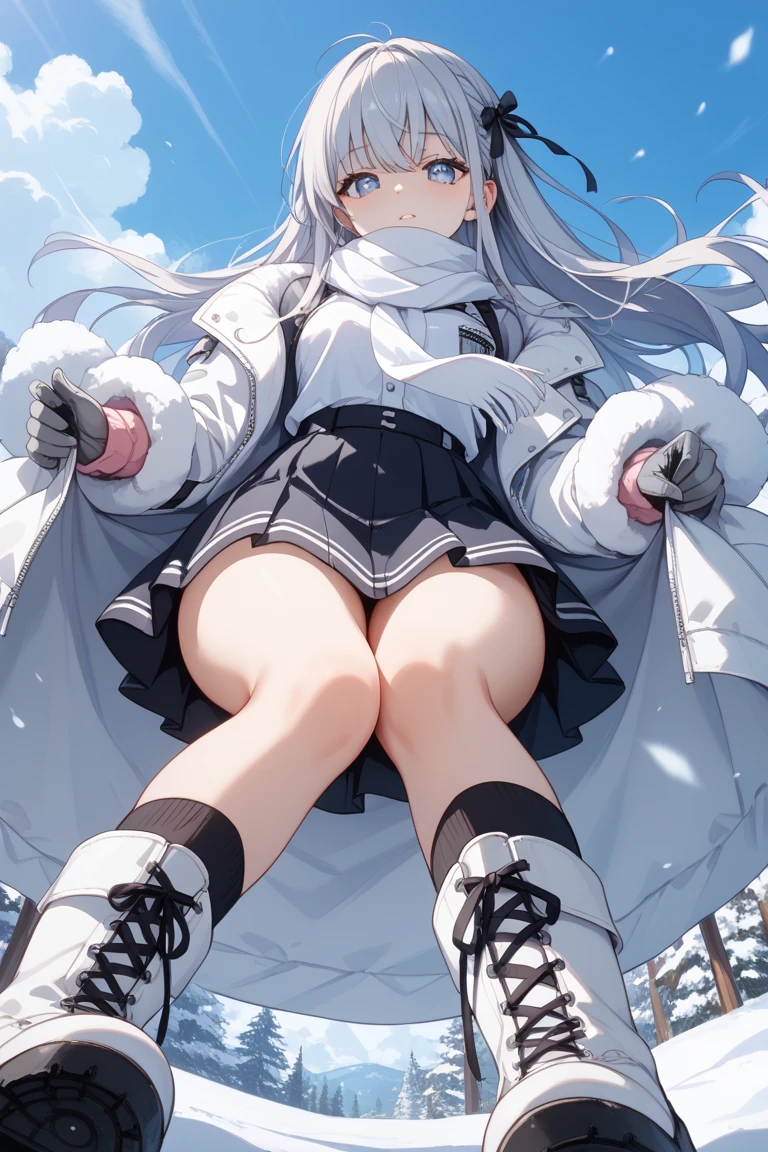 A mature woman, with yellow eyes, white skin. Her mouth is open, she have a long tongue, dog tongue, canine tongue smirk mouth open, tongue out, long tongue, blue tongue. Her clothes are white, she have a shite jacket. Snow, winter, forest. FULL BODY