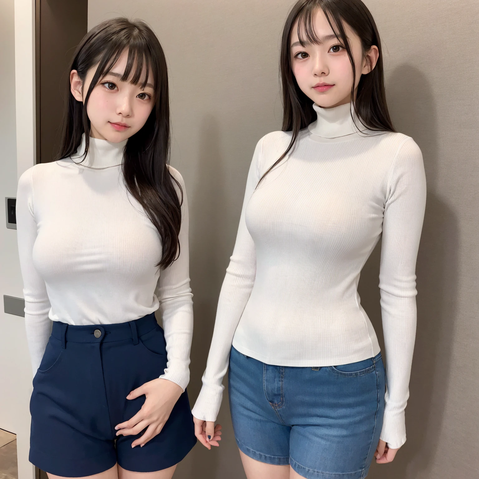 ((Knitted fabric clothes、Tight turtleneck、bbw、wearing a denim pants:1.2))、(realisitic、Photorealsitic、ultra-detailliert、Highest Details Skins、top-quality、​masterpiece、超A high resolution)、hotels room、sit on sofa、Realistic skin type、thighs thighs thighs thighs、simple background、Cute Japan person、18year old、younggirl、I have bangs、二重まぶた、drooing eyes、Cute smile、Charming、purity、double tooth、View here