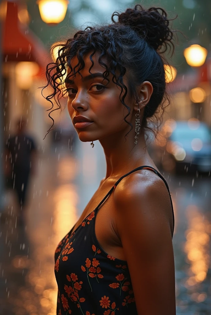 a stunning, highly detailed illustration of a 23-year-old African female with dark, smooth skin, high cheekbones, full lips, and almond-shaped brown eyes that seem to hold a deep intensity. Her long, curly hair is intricately braided, with a few loose strands framing her heart-shaped face. She wears a short, sleeveless dress that clings to her slender, toned body, its saturated fabric glistening with rainwater. Standing under the soft, golden glow of a flickering street lamp, her arms are crossed, conveying a sense of nervous determination. The setting is a rainy night in Addis Ababa, where puddles of water reflect the vibrant, neon lights of the city, casting a colorful glow on the wet pavement. The dim, moody lighting accentuates her facial features, capturing the somber atmosphere and vulnerability etched on her face. Every detail, from the delicate braids to the raindrops on her skin, is rendered in ultra-high resolution, inviting the viewer to step into the moody, cinematic scene.