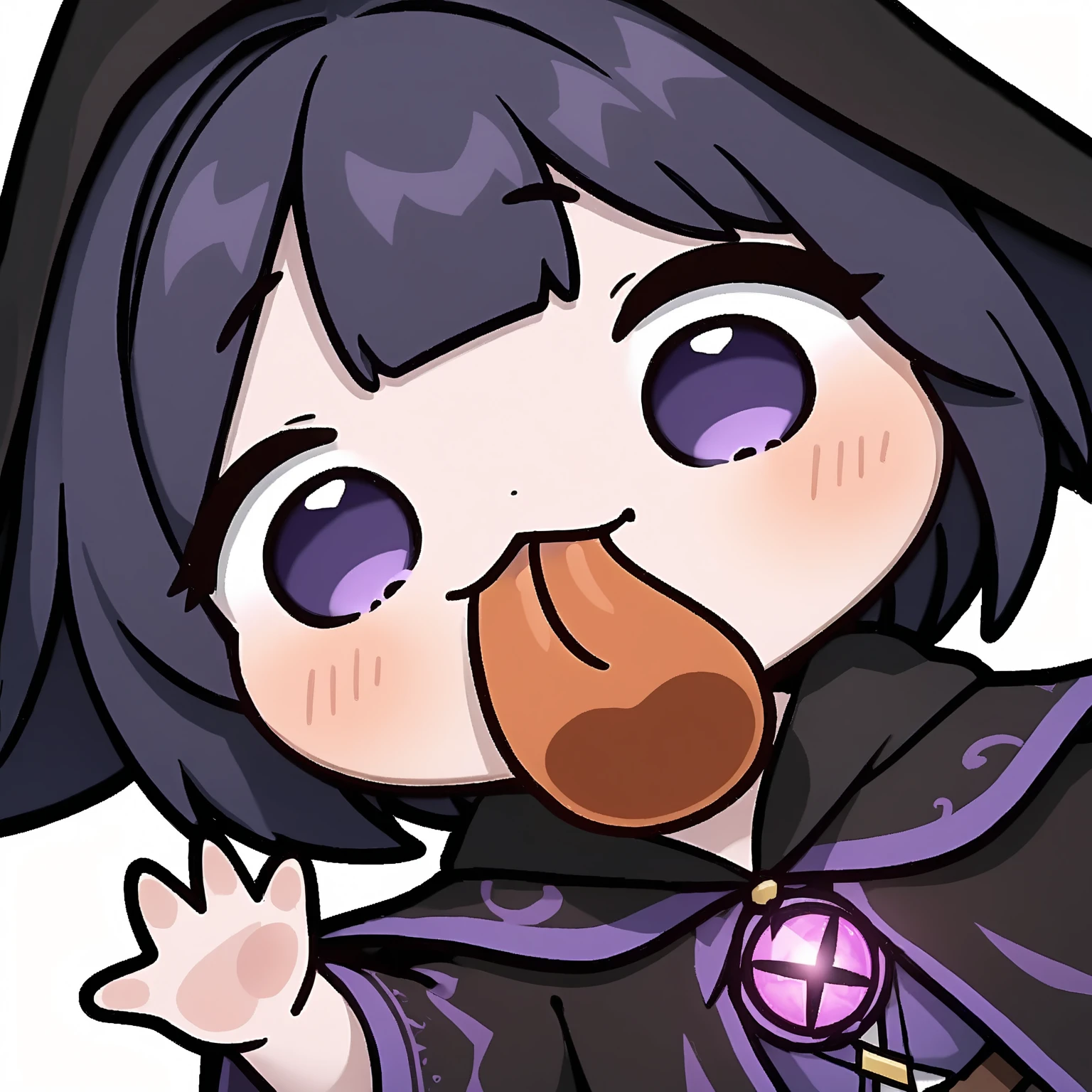 chibi, 1girl, sketch, solo, black hair, closed eyes, witch hat, mona genshin impact, open mouth, smug smile, white background <lora:Sesield:1>