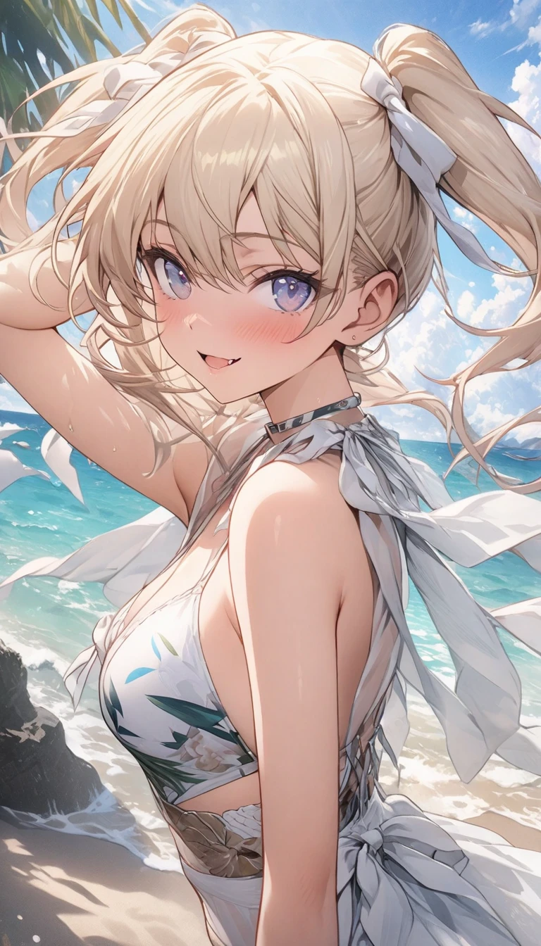 angelic girl, tomboy, detailed body, seaside, bright sun, angel wings