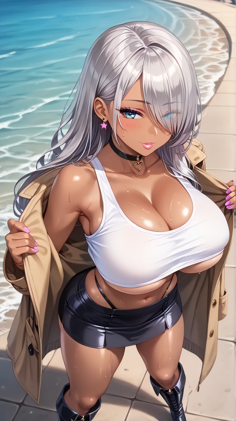 (masterpiece, best quality:1.2), caenis, fgo, summer, bikini, 1girl, solo, huge breasts, looking at viewer, smile, short hair, white hair, bangs, blue eyes, animal ears, cleavage, bare shoulders, swimsuit, white jacket, denim shorts, open clothes, hairband, , grin, black bikini, sunglasses, eyewear on head, body markings, white nails, beach, palm trees