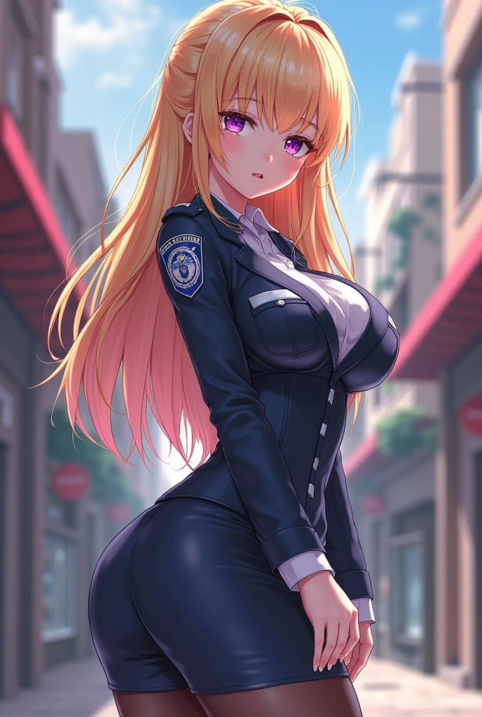KemiiHS1, 1girl, solo long hair, hat, peaked cap, brown eyes, blonde hair, looking at viewer, bodysuit, breasts, brown hair, black bodysuit, medium breasts, cleavage, parted lips, smile, cowboy shot, unzipped, black headwear, zipper, wrist cuffs, wide-eyed, collarbone, collar, curvy, outdoors, night, sky, stars, lights, buildings, trees, bushes, long sleeves, standing, looking back, from behind, ass focus,
<lora:KemiiHS1:0.8>