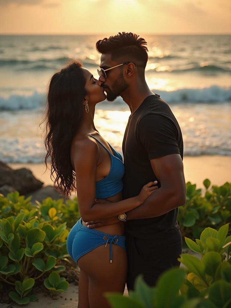 A beautiful gorgeous plump Indian 45-year-old woman wearing bra panty huge breasts, cleavage, big ass, hot body curves, hugging and kissing a 21 years old handsome in beach, passionate sexy pose, man wearing pant, beautiful sunset view