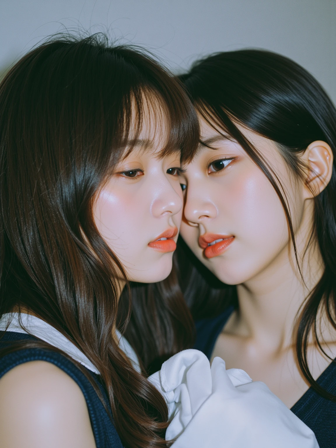 two korean lick each other's breasts in bed, they are naked and wear only fishnet stockings , wavy black hair blowing in the wind. She's a men's magazine model, with a subtle smile, flirting with the camera, (in the evening light: 1.2), in the photo studio, perfect eyes, perfect hands, perfect body, perfect hair, perfect breast, Hair behind the ear, uhd, retina, masterpiece, precise, anatomically correct, textured skin, super detailed, high details, good quality, award-winning, best quality, High Resolution, 16K, 8K. fullbody Warte auf Start