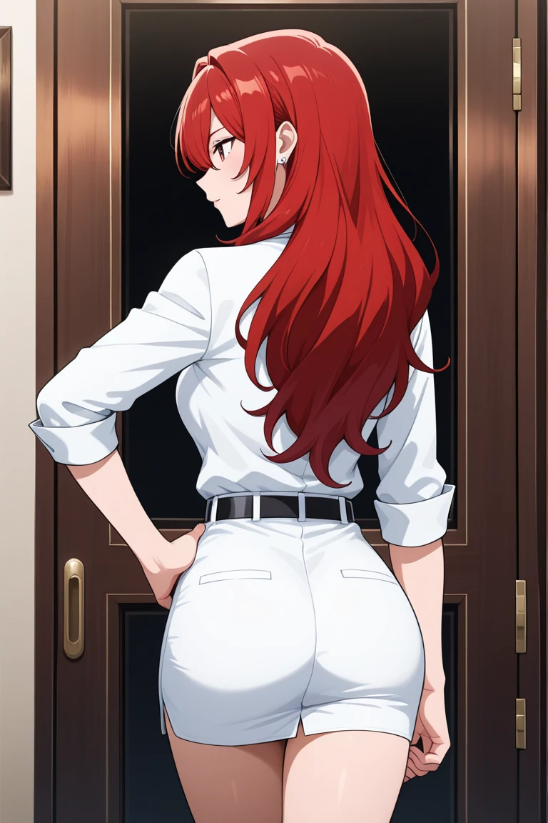 (Rear View, Rear View),(highest quality,High resolution,Very detailed,Actual),Shooting with a digital SLR、high resolution、real photo、realistic、In uniform、⁵Rise Kujikawa (people々) ,Glossy Lips ,White panties、Team Rocket uniform, Red letter R, White Skirt,White crop top,Black thigh-high boots, Black elbow gloves, Wicked Smile, Looking at the audience, Cowboy Shot