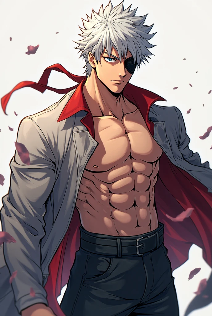 Want to know the anime male athletic physique Approximate age 35 years old Clothing a jacket Fitted to the body Very modern and stylish blue with long sleeves Made of fabric similar to the neck With gold details on the zipper slightly Open showing the chest Arms Red bands that cover the entire forearm leaving only the fingers invisible Black pants I feel golden White hair Tied in a bun and fringes I trust thin parted in the middle of the head Spiky With two children just like fine fringes