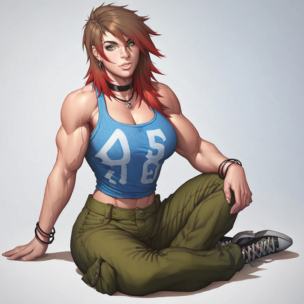 Sandbender Strong Female mohawk hair, crimson eyes, necklace with a ring, muay thai posture, beautiful muscles, a burn mark on the left forearm, in your early 20s, a little sand around the hand, medium tanned skin, focused trained eyes, with details in red and white and gold, workout clothes, big pants.