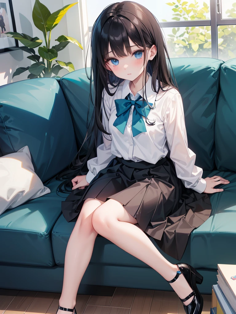black hair,girl,blue eyes,White sundress, open navy cardigan,Red ribbon on braid,full body