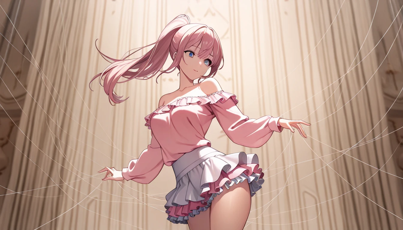 最high quality、best image quality、masterpiece、girl((20-year-old、sexy, By becomin, big bust, highest valley, ballerina, dark pink hair color, pink eye color, very tall, barefoot), high quality、beautiful art、background((ballet studio))、flight、debris flies、full body、movie、visual art、perfect art、8K,genuine