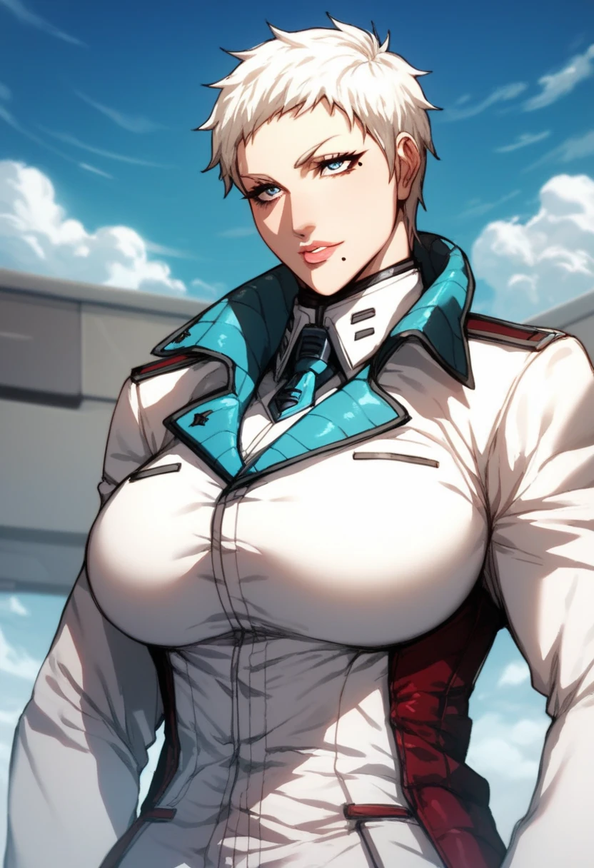 Adult woman, short white hair, high ponytail, blue eyes, blue lipstick, White jacket, Undress, open breasts, teats, Smile, Masterpiece, hiquality