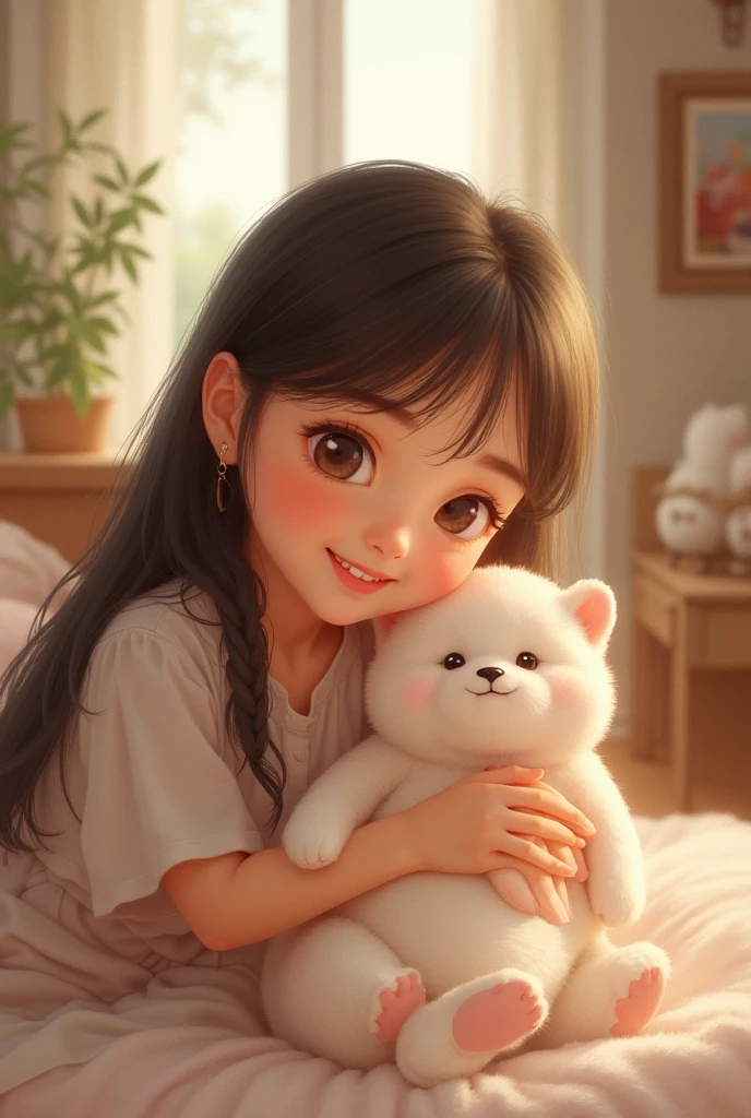 a white stuffed cat being held by a child in a yellow dress with a bow on her head. The child is sitting on the bed in her room.