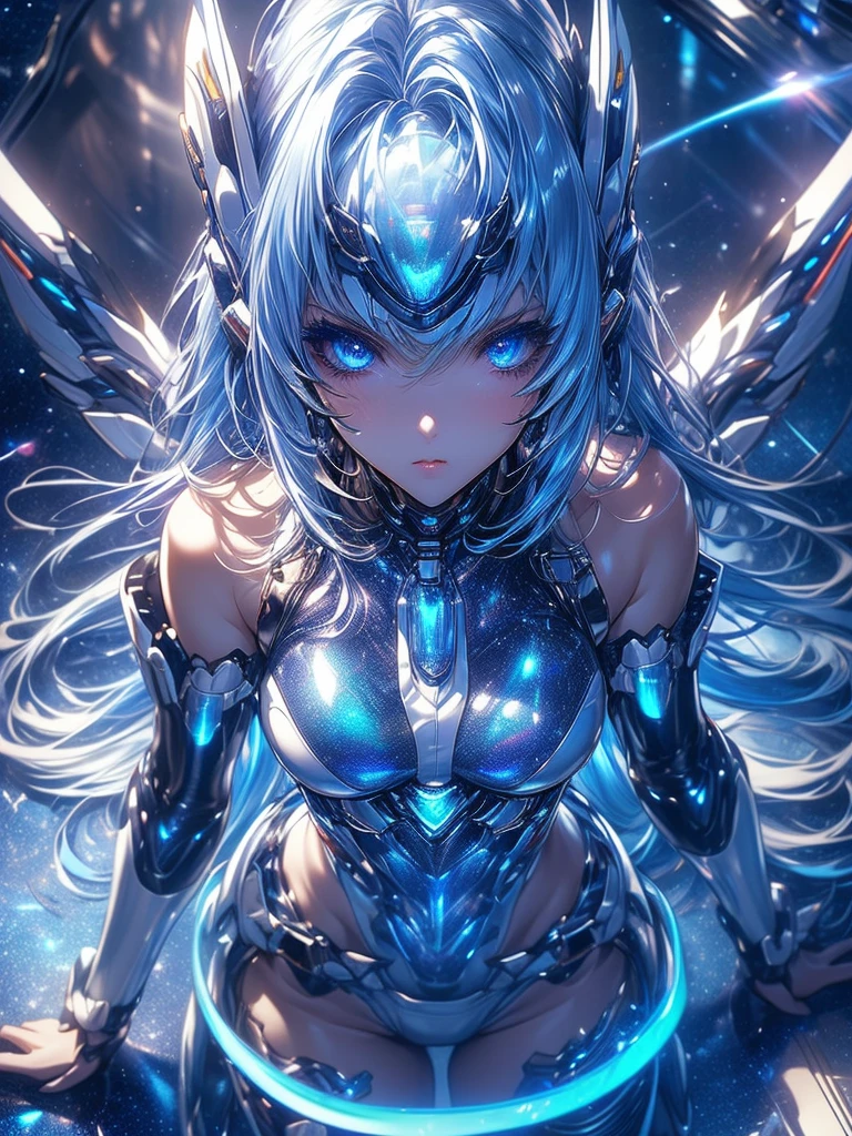 masterpiece, best quality, colorful, cowboy shooting, (pale skin:1.2), flat chest, Mecha, armor, girl,Mechanical_Body, High resolution, white hair, Very long hair, garlic, , alone, blue eyes, white coat, Soft fabric waist extension, blue energy, destroy, quantum energy, Mechanical wings