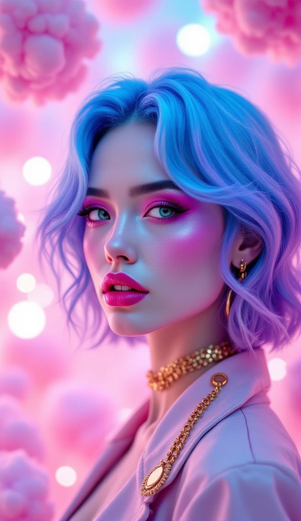 accessories, Blue Hair/Light blue hair, chest, Character profile, far and near method, 3D Rendering,