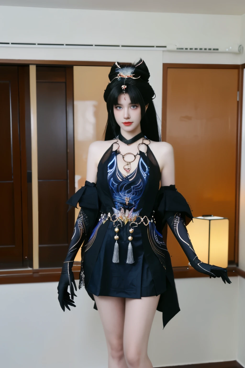 best quality, tmasterpiece,Ultra-high resolution,Clear face,(Reality:1.4),ferpect lighting,(upper body photo:1.5), (photorealistic:1.50), anime wallpaper, Guviz style artwork, cover-up fantasy up to magic , by Yang J, Guviz, beautiful artwork illustration, beautiful digital artwork, beautiful digital illustration, Li Song, beautiful anime portrait, art style in Beauvot, 1girl, 独奏, long hair, (black hair:1.3), (Earring), (Chinese clothes), (Arm gloves), (Bare shoulders), medium breasts:1.5, shagging breasts:1.3, standing, (background inside the house), room, (looking at viwer:1.5),