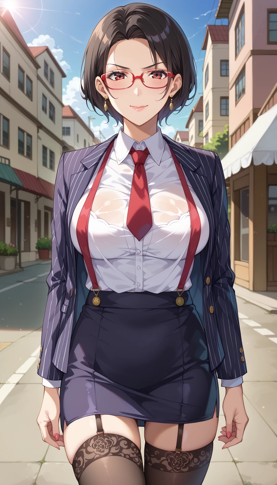 Hairstyle: short black hair,
a girl,solo,highly detailed beautiful face and eyes,looking at viewer, glasses,large breasts,
striped dark blue lace shirt ,frilled skirt,
night, town
nsfw,(public indecency,undress, long coat:1.2),open clothes,(presenting bra:1.2),navel,from front, (embarrassed,blush:1.3),(tears in eyes:0.8)