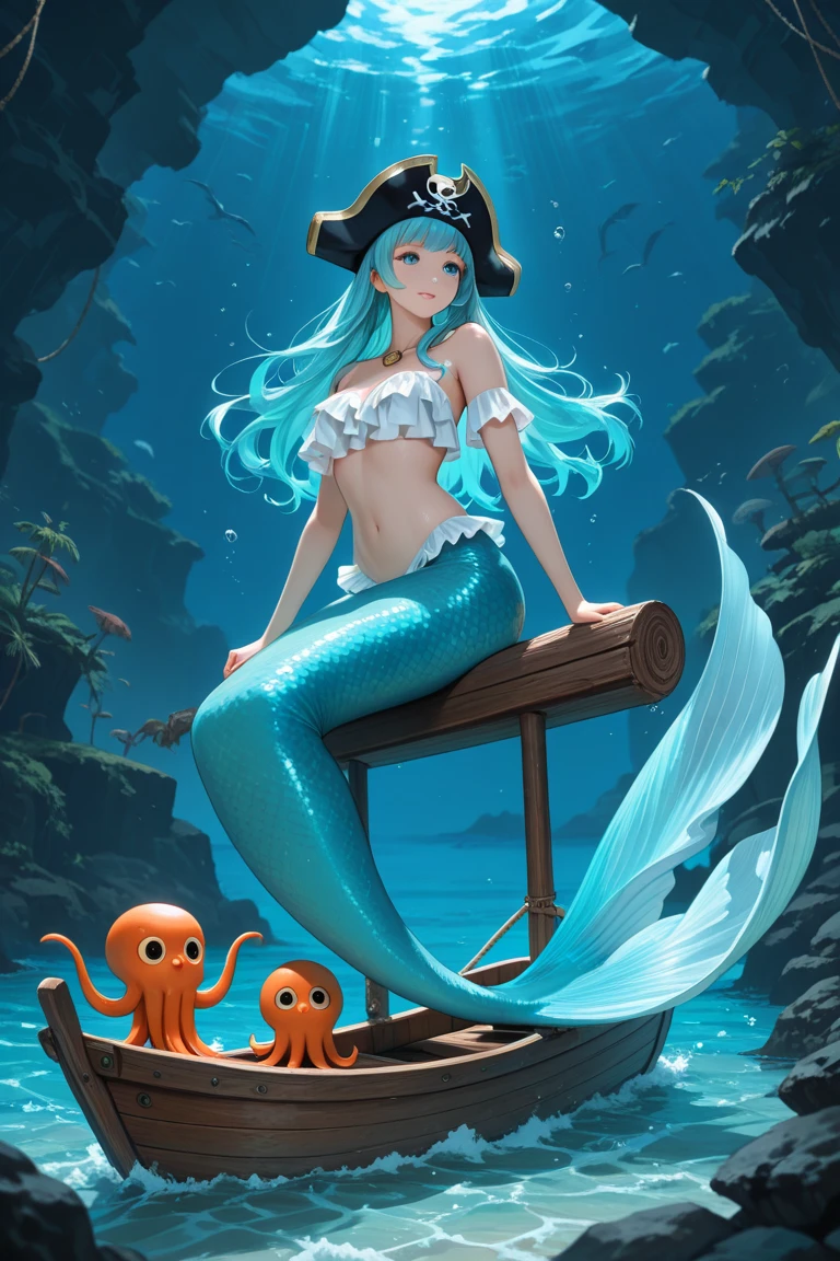 (best quality,4k,8k,highres,masterpiece:1.2),ultra-detailed, Pretty 15 years old princess magically transformed into a beautiful mermaid, race swap, fantastic transformation, none human, steampunk, fish like, wet body, dominant shades of red, surrounded by small bubbles, long and detailed mermaid tail with shimmering red fish scales, long fins ears, drawn in anime style, very long pigtails red hair, sharp teeth, is smiling, pink eyes, small breast, long pelvic and dorsal fins, pair of fish gills on her torso, red seashells bra, starfish hair clips, pearl earrings and bracelets, pearl necklace, hair ribbons, gold tiara, ocean depths, embracing her new life has a mermaid, joyful expression, brushing her hair with a hairbrush, sitting in front of a mirror, inside a underwater house, sparkling water, water reflections, ethereal atmosphere, subtle glow, whimsical and enchanting, underwater world, colorful co magical underwater lighting, vivid colors, breathing underwater, floating bubbles, endless ocean depths, sunlight filtering through the water, Highly detailed, masterpiece, high quality, 4K.