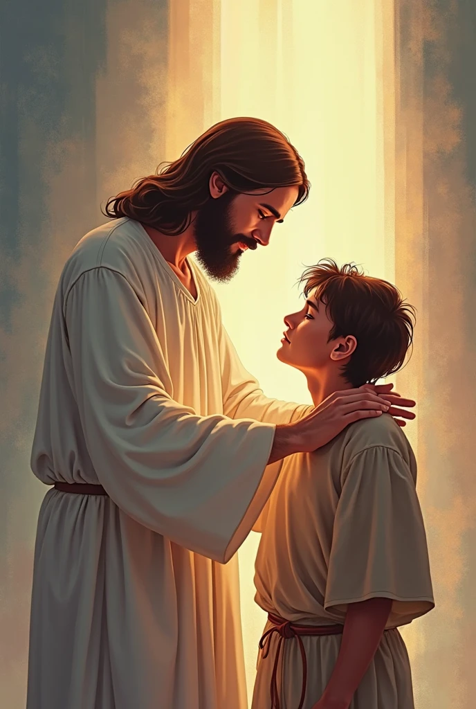 A 14-year-old with curly, brown hair hugging Jesus in a Disney-style art style