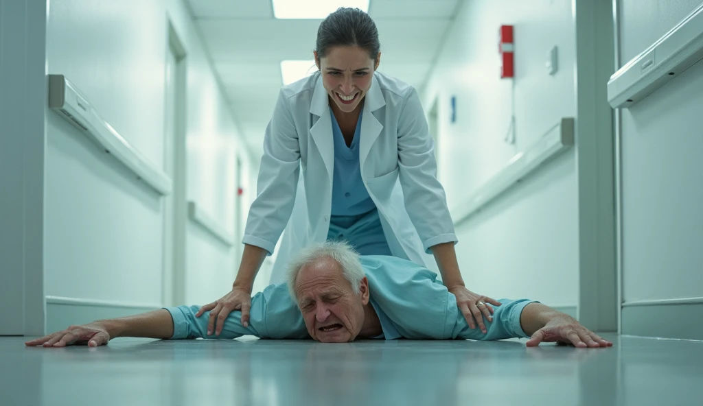 sitting on floor leaning back on hands chest thrust out in office alonehyperrealistic art cinematic film still lower angle photography in the style of detailed hyperrealism photoshoot . (widehips) Extremely high-resolution details, photographic, realism pushed to extreme, fine texture, incredibly, elderly frail woman, medium length grayahir with darkbrown hairroots, (lab coat with green blouse and black pants), blushing smile, clutching chest ((headback_moaning_openmouth))