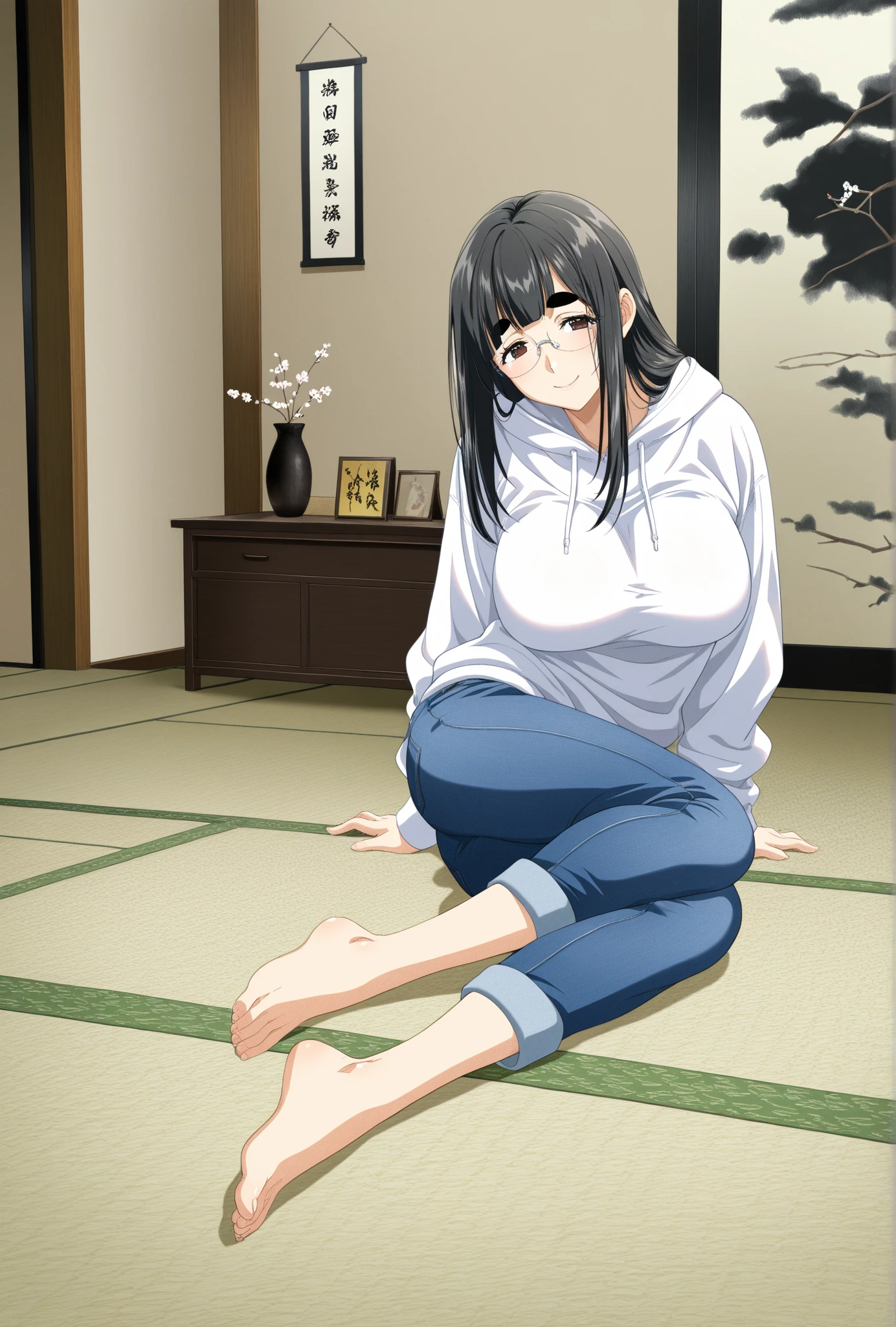masterpiece, best quality, hinata/(boruto/), long hair, medium breast, short kimono, slim legs