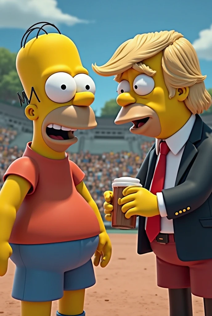 Donald Trump eating with Homer While they talk about how Madrid is better than Barça at the Camp Nou while a sexy girl watches them