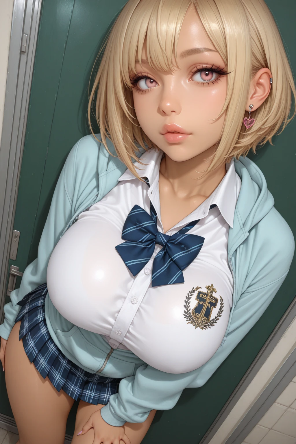 blonde, short hair, girl1, in the School classroom, (upper body), completely nude, (small nipples:1.2), (small areolas:1.2), kawaii, cute, purple eyes,(open white shirt)