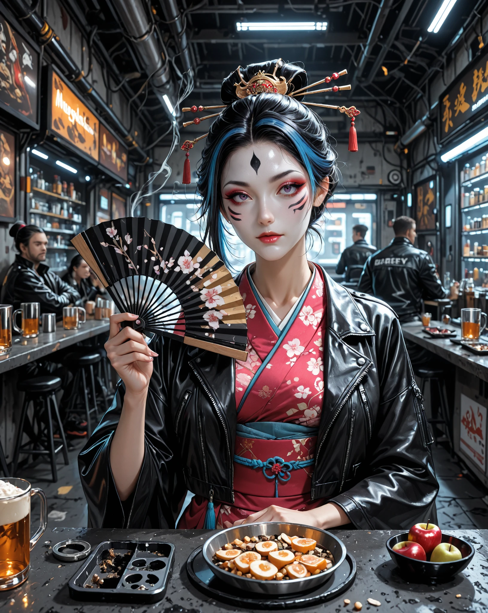 "An oriental geisha with a beautiful kimono holding a human skull in an elegant pose."