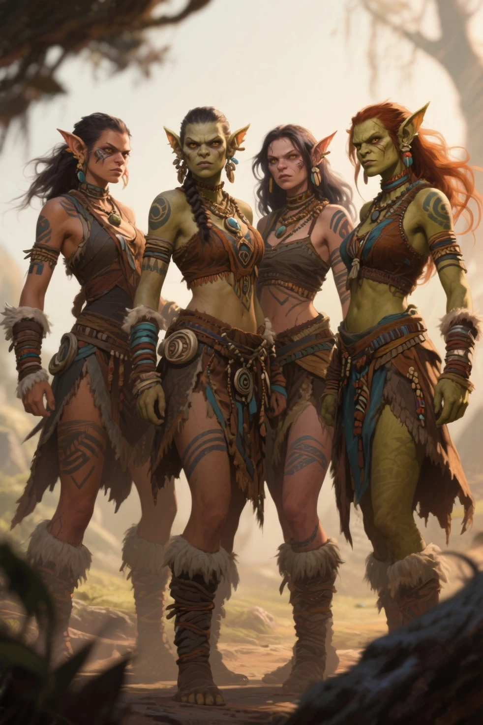 a ((native american elf)). She wears a brown leather bikini, fur cloak, fur boots, fur bracers. (((native American))), 1woman, large breasts , curvy, slim waist. ((black hair)), long hair, coco skin, Dark skin, brown eyes. (detailed eyes, detailed face), smile, red lips. Square jaw, high cheekbones, strong jaw line. Show her in a heroic pose ready for battle. tanned skin. intricate details. a horde of monsters attack the castle gate in the background. many orcs and goblins with jagged weapons in the background.