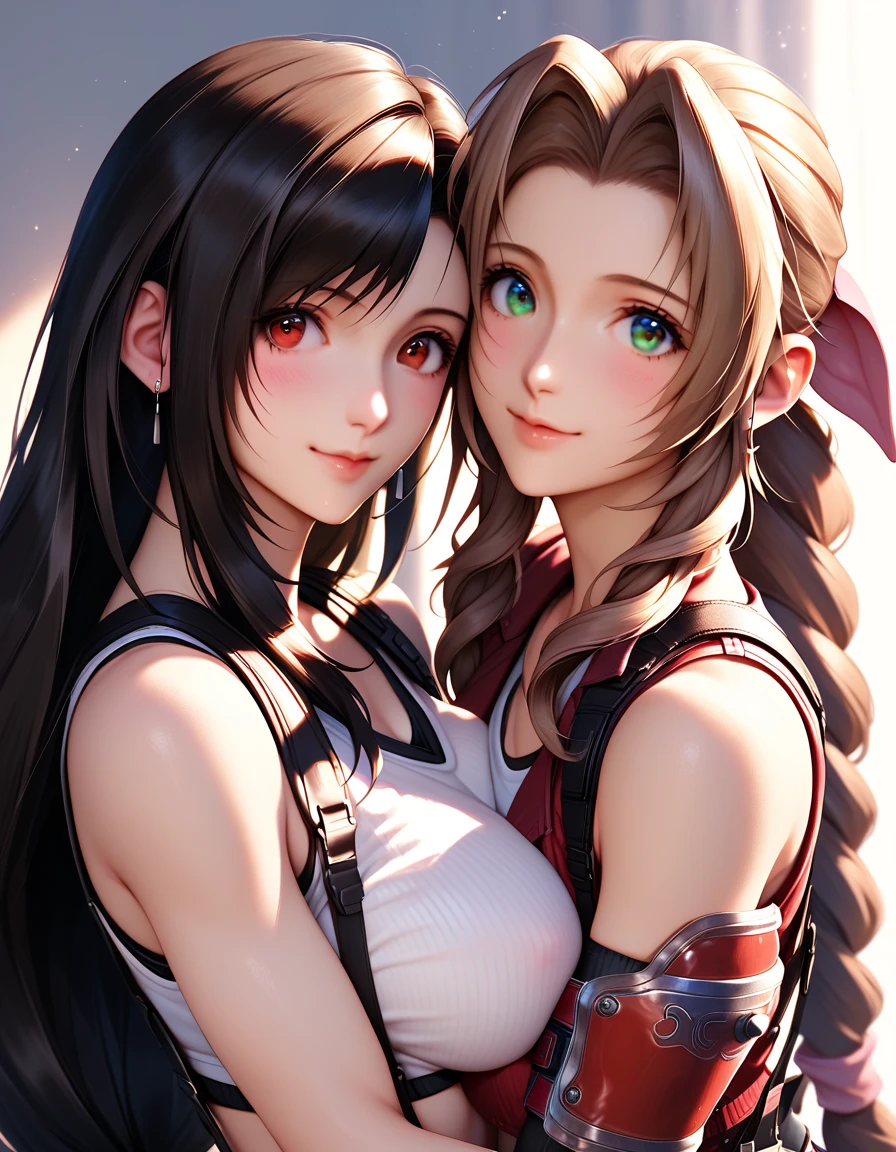 Tifa Lockheart and Aerith On The Beach Completely Naked, UHD, masterpiece, ccurate, anatomically correct, high quality, high details, super detail, textured skin, best quality, highres, 16k