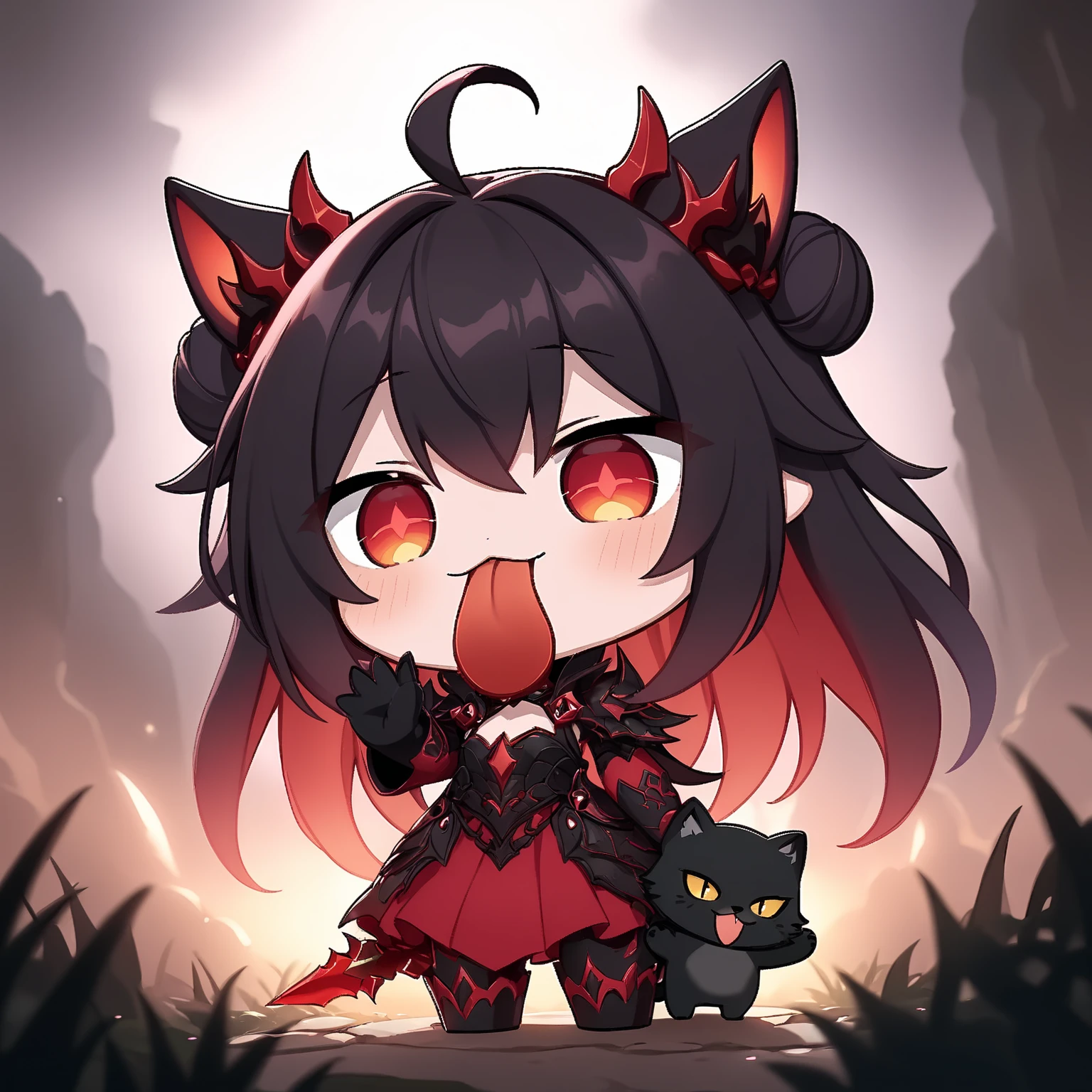 Photorealistic、Cute horror fantasy、Chibi Girl Doll(Devil Cosplay、Wicked Smile、Sagging under the eyes、Long eyebrows、Long nails、Orange eyes、Wear a long, big cloak) BREAK ,background(Musical notes around the doll, (dead tree:1.3), in the forest,shadow the cardboard\(Bat,Skeleton,Crow\)\)