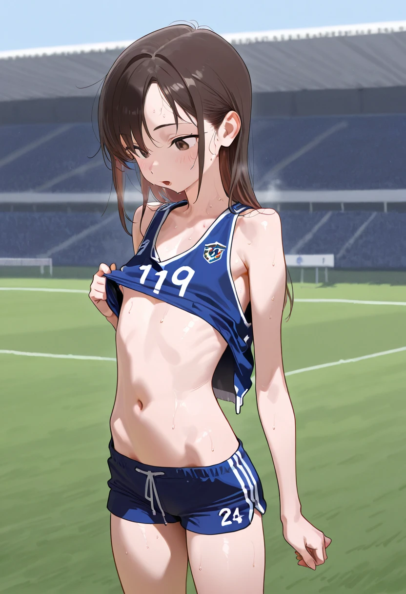((best quality)), ((masterpiece)), ((detailed)), (((perfect face))), (((slender 18yo age girl))), (((topless))), (((medium breasts))), ((blue soccer shorts))), ((dark brown hair)), ((short ponytail)), (((blue eyes))), ((shy:1.3)), ((blushing:1.5)), ((skinny thighs)), ((skinny hips)), (((bare arms))), (((bare shoulders))), (((bare stomach))), (((grass soccer field))), (((bleachers in background))), (((standing))), (((wearing soccer boots, blue soccer socks))), (((shy arms)))