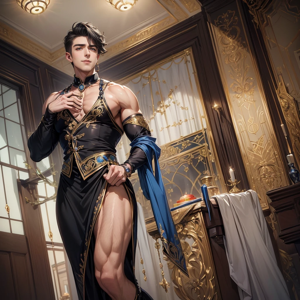 A shaved young man having long legs, thick thighs, large wide hips, thin and narrow weist, big large feminine breasts, large male reproductive organs, very small spikey boyish haircut, dress, Chinese donghua, , interior,hot man,hot male