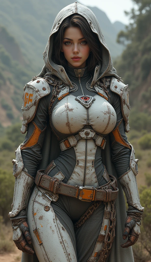 (Muscular:2), (thick thighs:1), (large round breasts:1), (large muscular chest and shoulders:1.4), FEMALE, brown hair, long brown hair, (big smile:0), (wearing a tight spacesuit:1.5), looking at viewer, (three quarter view:1.2), upper body view, (derelict smoky dark forest at night:1.5), dark lighting, detailed skin, detailed eyes, (dark skin:1.4), (very thin waist:1.3), (huge round muscles:1.5),