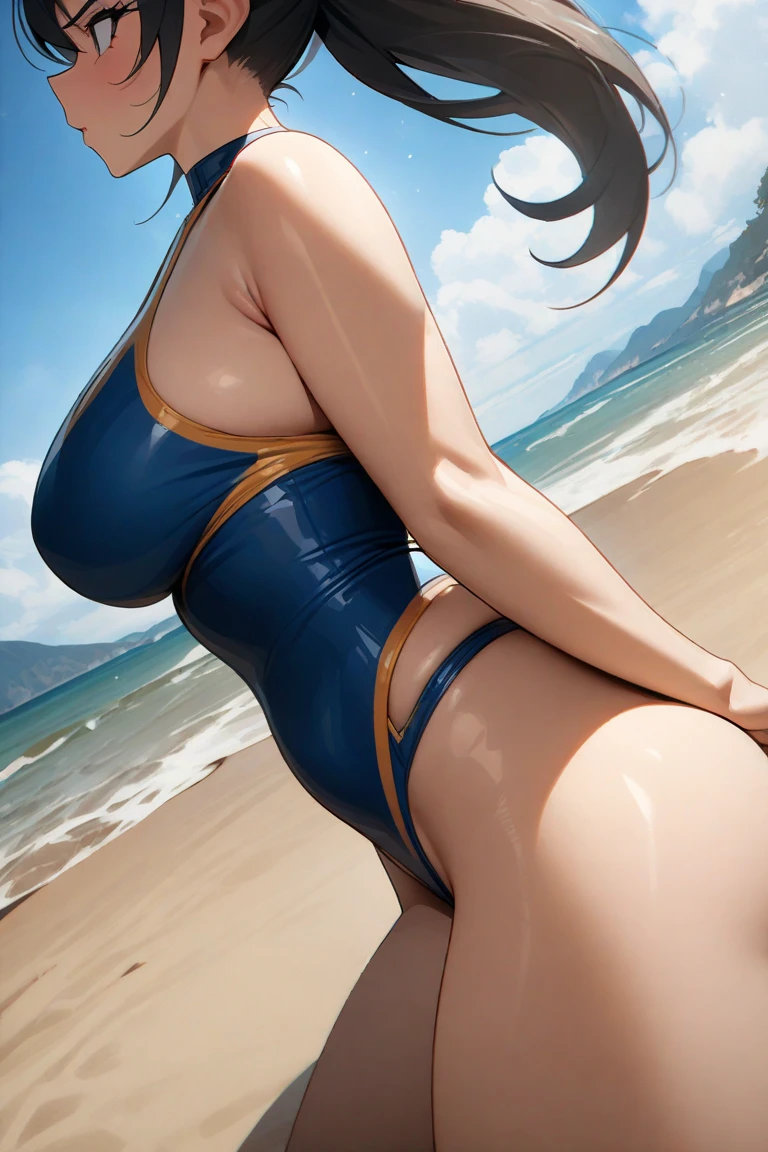((best quality)), ((masterpiece)), (detailed), perfect face, blue top, crop top, blue fitted legging shorts, huge breasts, huge ass