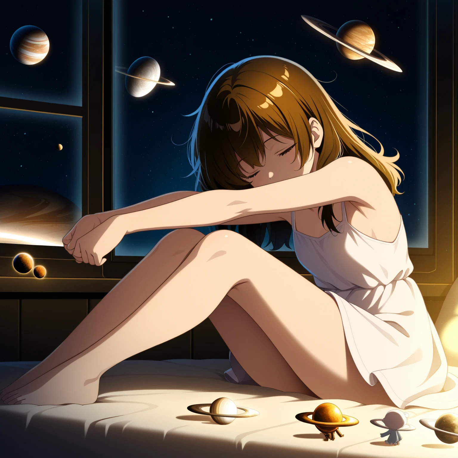high quality、8k、Realistic anime drawings、In the dark planetarium、Stars on the wall、1 adult female、Age 25、(Long ponytail、skirt、knit)、((lie down on a reclining seat、close your eyes、sleep、blanket))