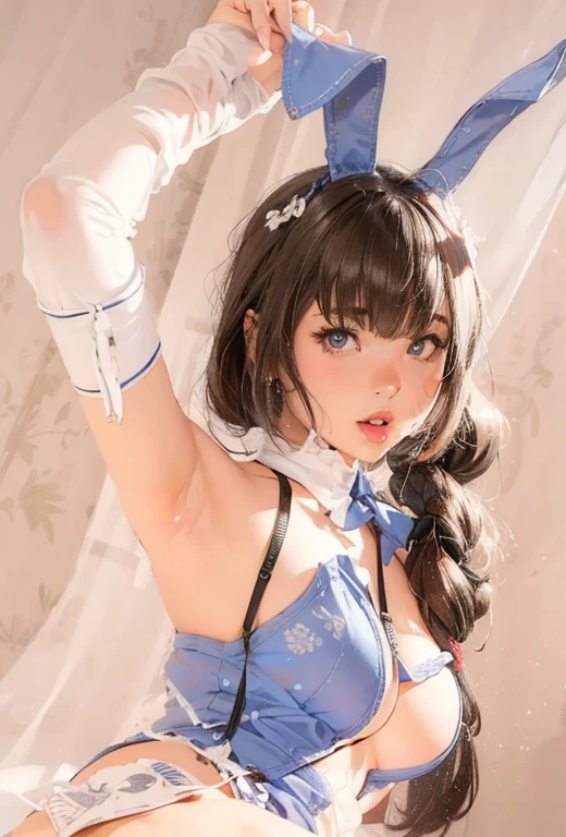a cute girl, perfect face, large breasts, shiny skin, slim waist, playboy bunny,bowtie, detached collar, highleg leotard, pink legwear, pink leotard, side-tie leotard, strapless leotard, wrist cuffs, 1girl, 18 years old ,cute, pretty, emo, , hime cut, gradient hair, shy, big breasts, perfect breasts, halo, yandere, blue hair, legs, hand under breasts, hand on face