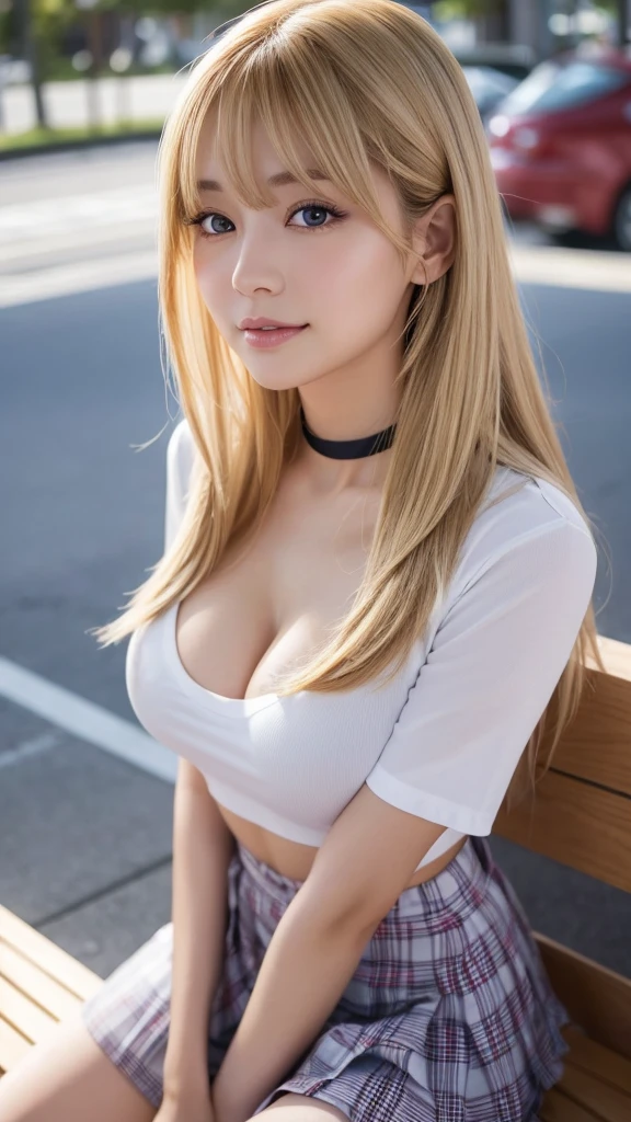 8K, 超A high resolution, Best Quality, masutepiece、超A high resolution、top-quality、 (pretty beautiful chest、cleavage of the breast、Sit on the ground with your knees bent、Open your legs wide to the sides:1.25)(hi-school girl、Fluffy white cutter shirt、doress:1.3)、(Sit on the ground of the tree-lined avenue of Omotesando、Huza:1.25)、(a japanese girl、Blonde long hair、rather large black eyes、long lashes、shiny black skin、Quite tanned skin、Tanning Gal:1.3)Black loafers、long boots、embarrassed from、A sexy、Shy face
