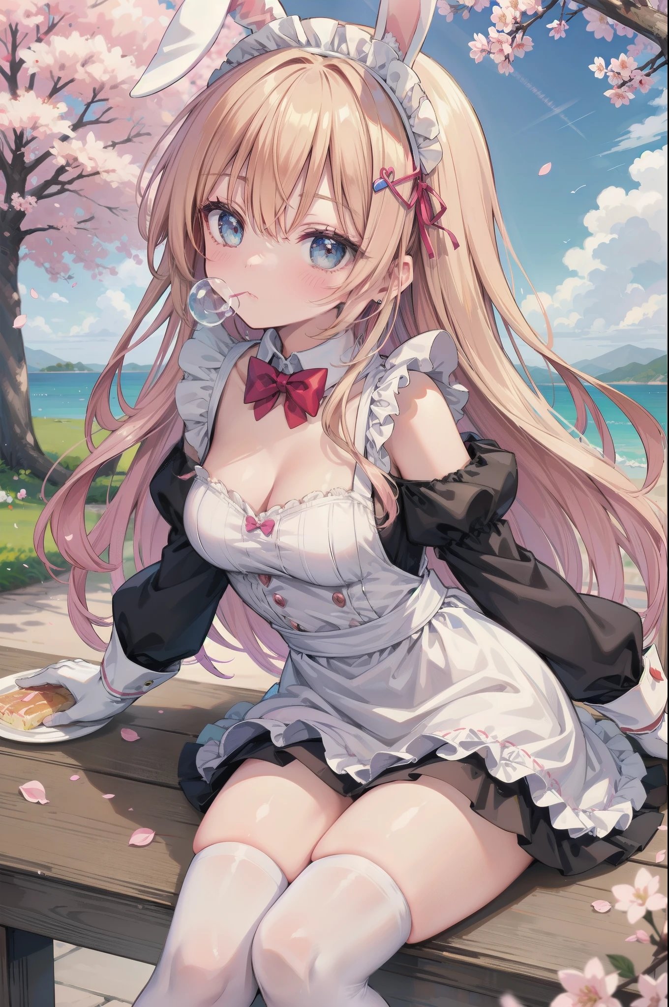 night time,masterpiece, high quality, enoshima junko, laying, 1leg up ,wink,armpits, arms behind head,black thighhighs, flower field, roses,flowers,cherry blossoms,, score_9, score_8_up,score_7_up,score_6_up,, , elbow_gloves,black_dress,mini_top_hat,,black_hat,single_glove,striped_gloves,,