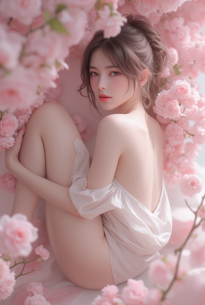 ((Full nudity))、(((masterpiece, Highest quality)), 1 girl, (Realistic: 1.4), alone, Blue color background, Dark brown hair, ((blunt bangs))、hime_cut、Short Hair,smile、 ((whole body)),  Very beautiful woman、Slender women、(Detailed face)、Realistic Skin、((Delicate photo))，(Girl Masterpiece RAW Photo Details:1.25), (Highest quality:1.6), (Ultra-high resolution:1.5), (Realistic:1.75),8k resolution, ,50mm,Absurd, Ultra-detailed,Cinema Lighting、Gravure idol、((Lots of flowers))、((Flower Art))、Rear View、Artwork、
