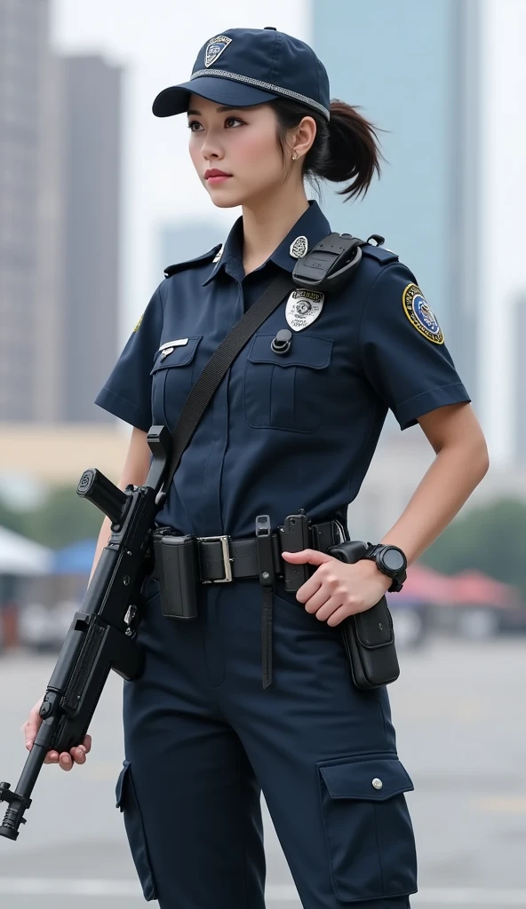((masterpiece)), ((highest quality)), ((High resolution)), 1 girl, alone, police officer, (matching pants, slacks), urban background, Have a baton、Wear a tactics vest、Are standing, put your hands on your hipedium hair, (platinum blonde, Side-swept chignon), (blue eyes),