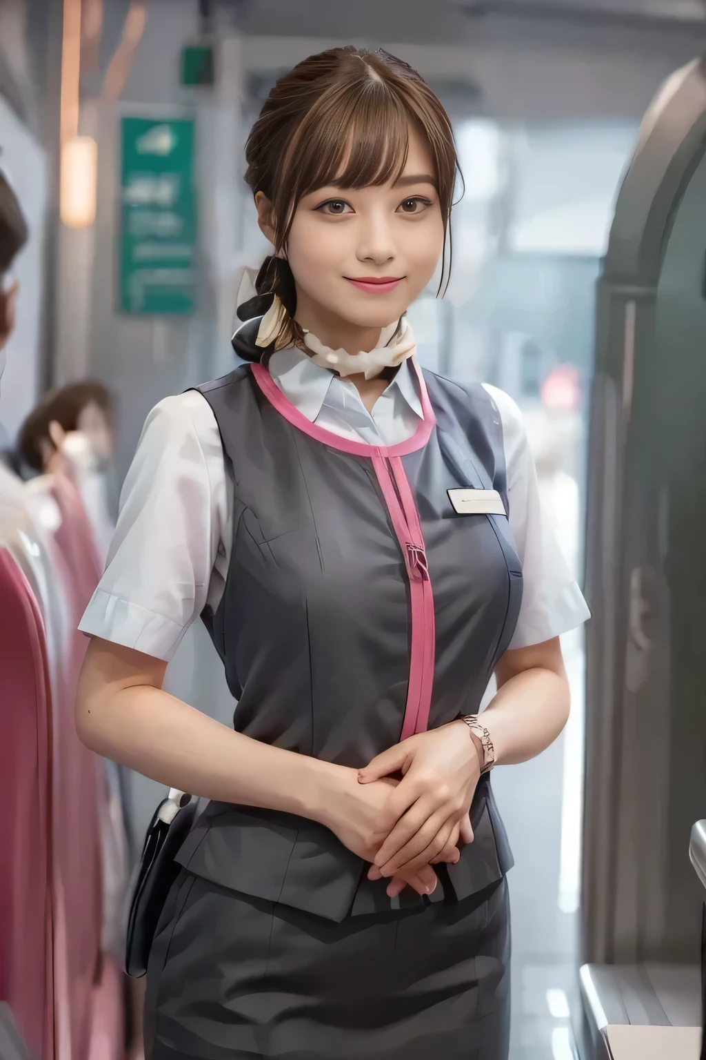 (masterpiece:1.2, highest quality:1.2), 32K HDR, High resolution, (alone、1 girl)、(At the station platform、Professional Lighting)、Station Background、(Realistic style wearing JR GranClass attendant uniform)、Blouse with short sleeves、Scarf around the neck、(JR GranClass attendant uniform with pink parts on the sleeves of the skirt)、(JR GranClass attendant uniform with pink stripes on the vest)、Dark brown hair、(Hair tied up、Bun Hair、Chignon)、Dark brown hair、Long Shot、Big Breasts、((Fine hand:2.0)),((Harmonious body proportions:1.5)),((Normal limbs:2.0)),((Normal finger:2.0)),((Delicate eyes:2.0)),((Normal eyes:2.0)))、Luxury Necklace、smile、Beautiful standing posture,Place your hands around your stomach