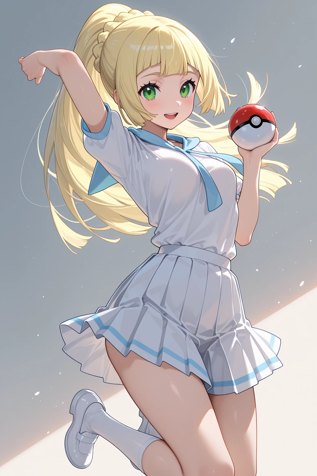 A girl Pokémon trainer in the Pokémon trainer outfit holding a pokeball or a rare Pokémon. She has blonde mid length hair and blue eyes. Doing a Pokémon trainer pose --auto