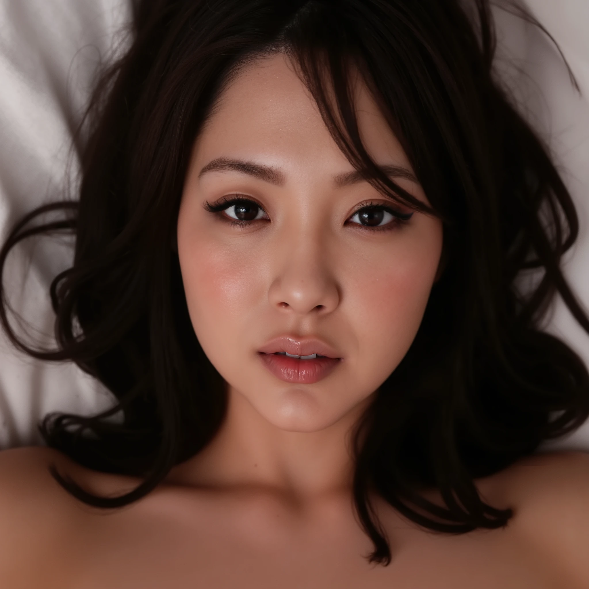 Beautiful asian woman, long curly Black hair, The subject is lying on her back on the bed, looking straight into the camera, with her nose facing the camera, as if looking down from above., porcelain skin, Cumface with little of white, sticky, wet, Here Mouth is slitly open and she got traces of Cum in here mouth, white some transucent cum on here face, (Cum on face), Cum on forehead, Dripping cum, Ultra detaild skin, photo ultra-realistic, hyper-detailed , Vogue photo shoot, lips with glossy pink lipstick,Facing forward.