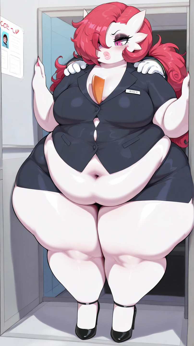 Cherry Jubilee, pony, female, naked, massive breasts, chunky fat body, pussy juice, a whole lot of pussy juice coming out of her pussy, full body, Standing, in a fancy office