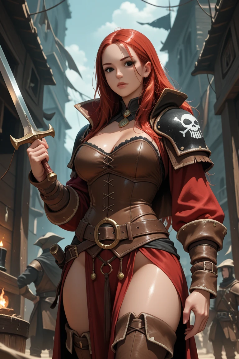 A woman with red hair, a very beautiful berserker woman, sultry body, with the face of Actress Ashley Greene, a barbarian pirate trailblazer, wearing a warrior's leather armor, wearing left eye patch, similar to Red Sonja, Marvel heroine style, 8k, best quality and full body, walking on the beach.